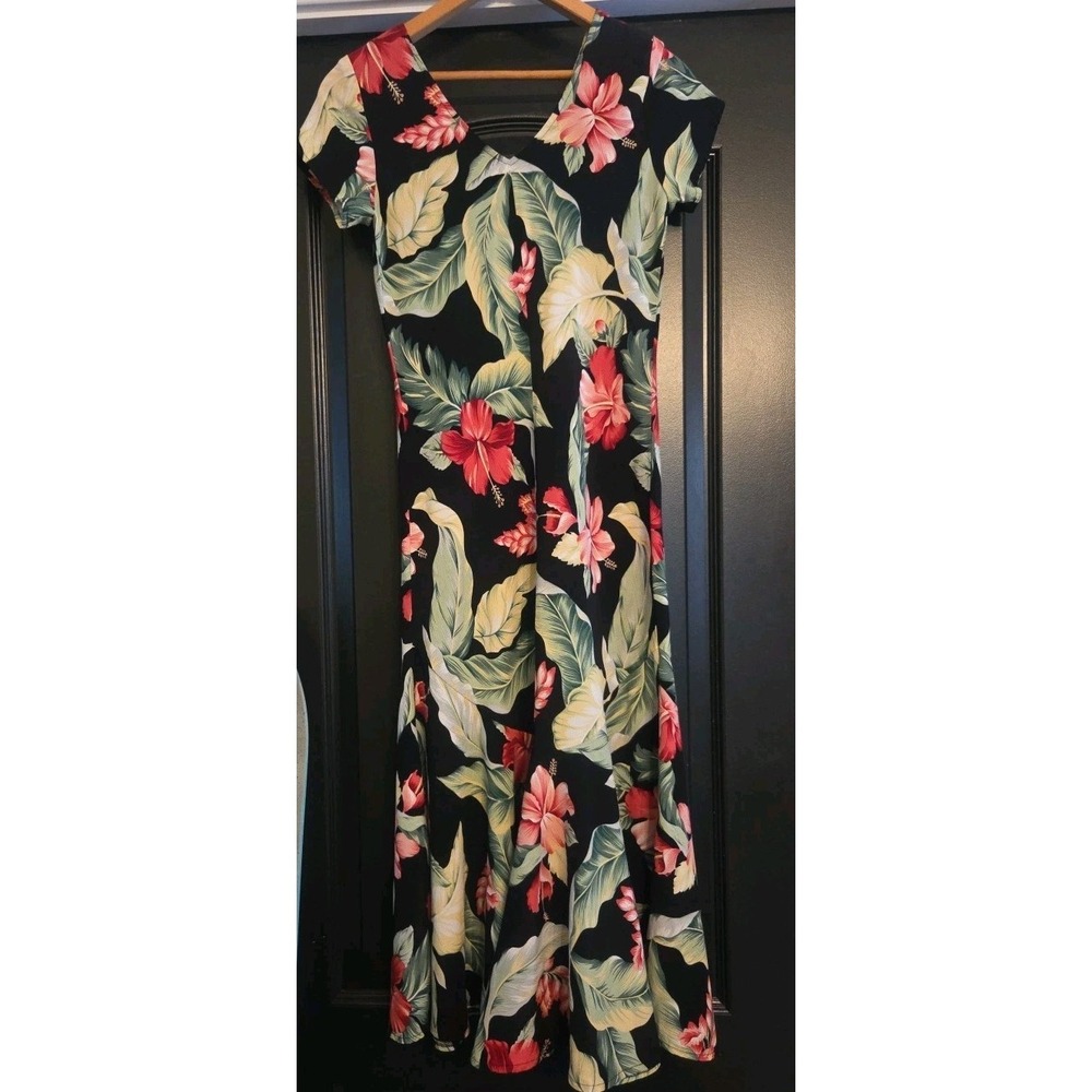 Kaua'iana Hawaiian Dress Tropical Palm Rayon Flare Black Floral Sz XS - Picture 3 of 11